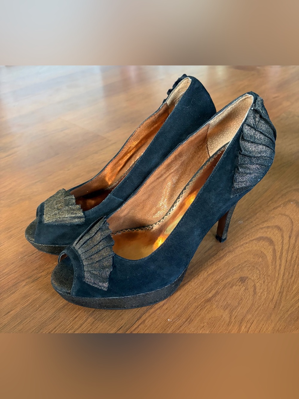 Poetic License Black Peep-Toe Heels with Decorative Gold Pleat Accent